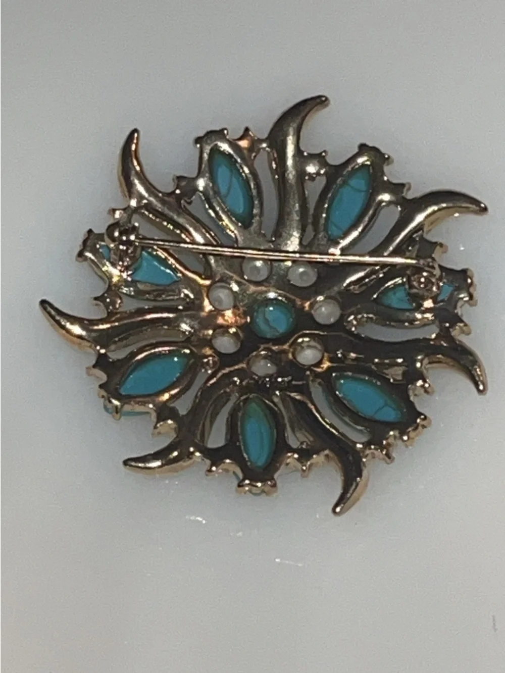 Vintage MONET Turquoise & Faux Pearl Statement Brooch Pin 2”
